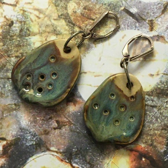 Handmade Clay and Glaze Riverstone Drop Earrings - Picture 1 of 12